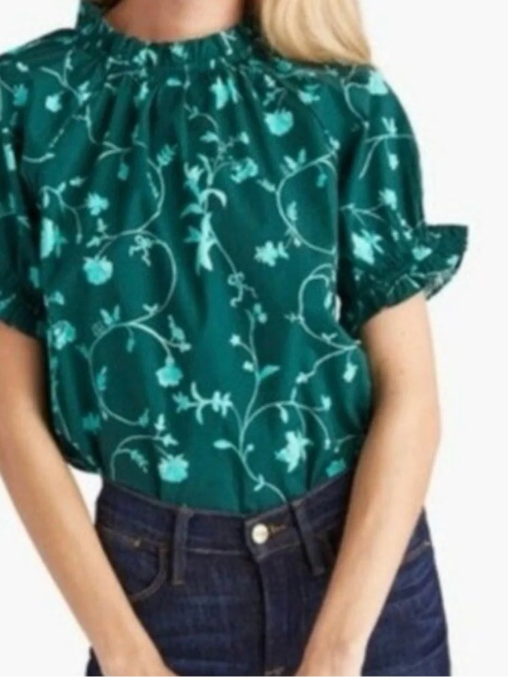 Hill house Women’s Green Floral Smocked Neck Blouse